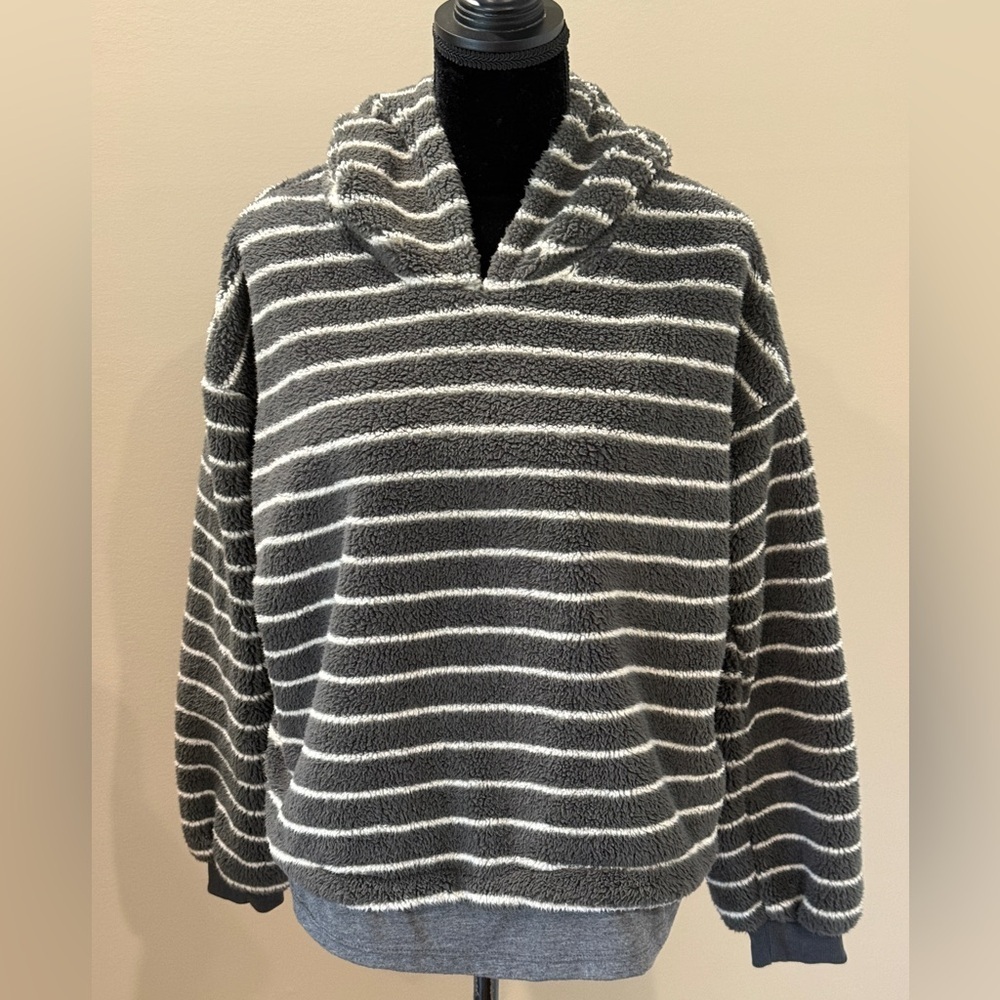 Women’s VINTAGE HAVANA Grey & white striped hooded fleece pullover- Size Medium - Picture 3 of 9